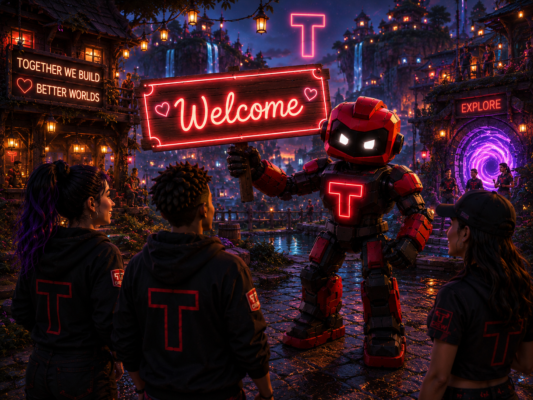 03 Tug holding a glowing Welcome sign