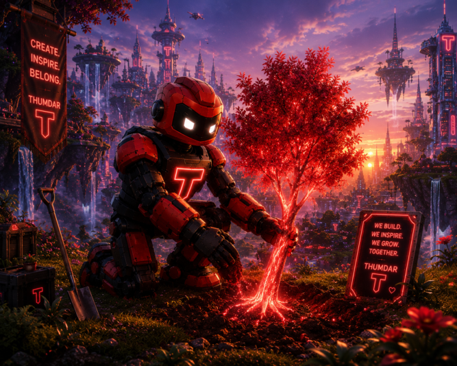 18 Tug planting a glowing red tree in a futuristic world